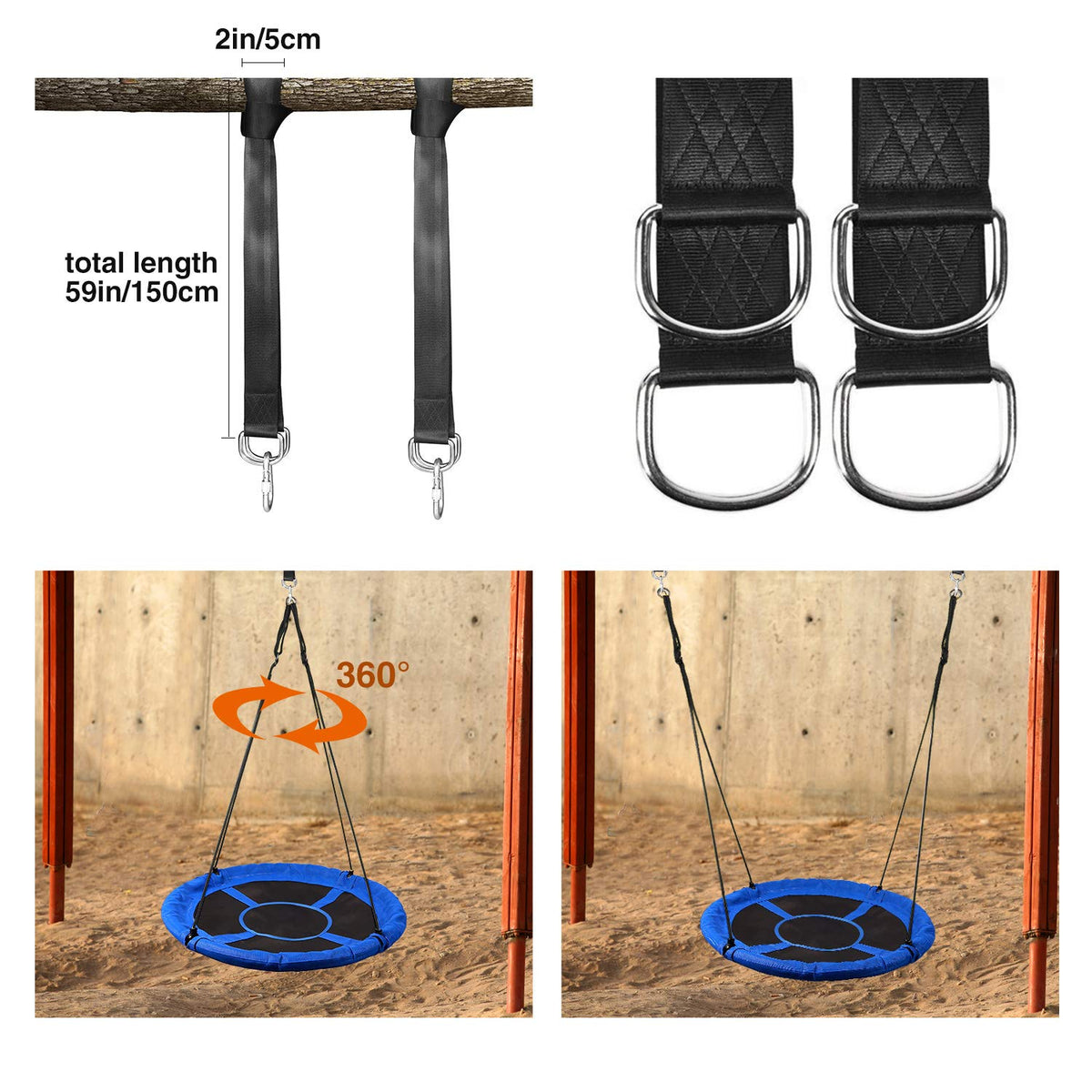 Adjustable-height braided ropes with included hooks support versatile setups