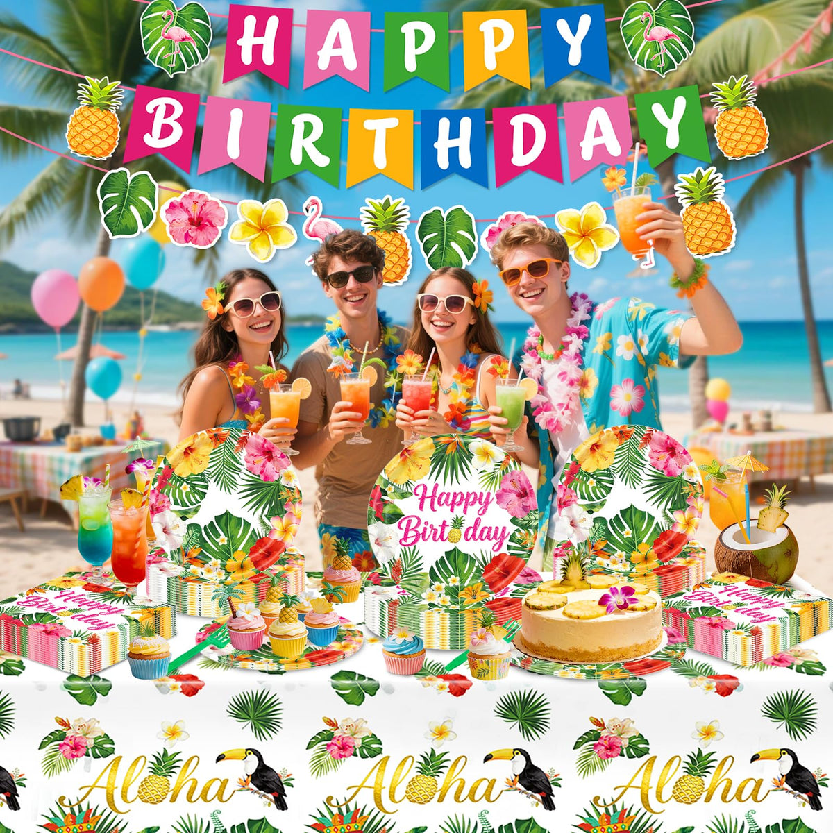 REDWORD banner highlights the birthday message to set a festive luau mood.