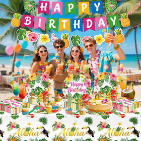 REDWORD banner highlights the birthday message to set a festive luau mood.