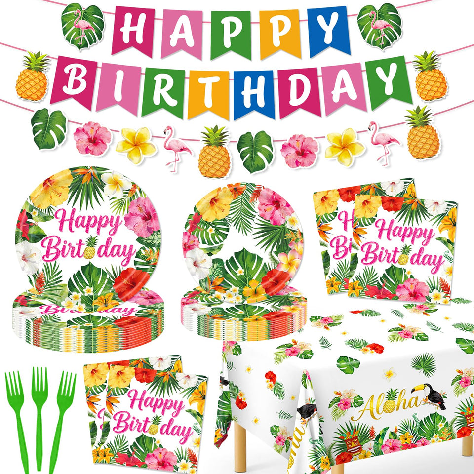 REDWORD Hawaiian birthday plates show tropical leaves for a cheerful luau celebration.