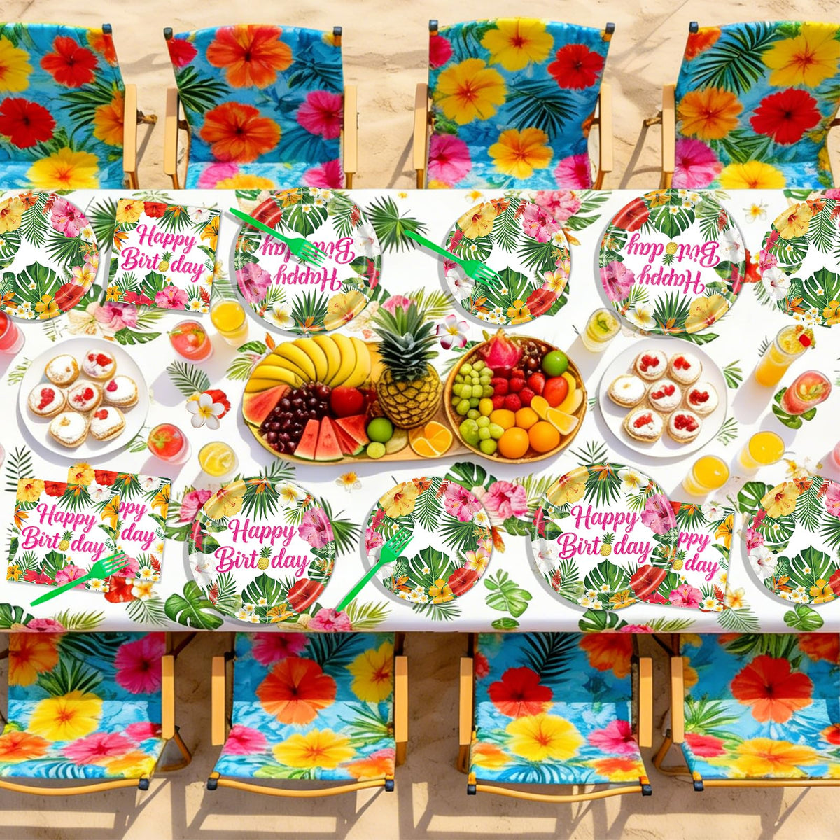 REDWORD tablecloth displays aloha styling to unify island party decor.