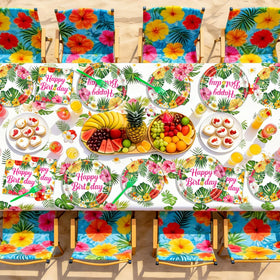 REDWORD tablecloth displays aloha styling to unify island party decor.