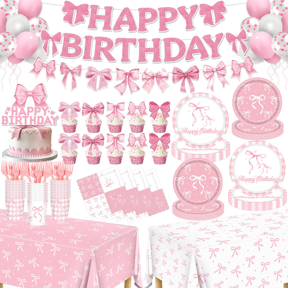 Redword Pink Bow Banner enhances birthday decor with bright pink accents.