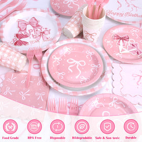 Redword Pink Bow Plates serve 24 guests with cheerful bow accents.
