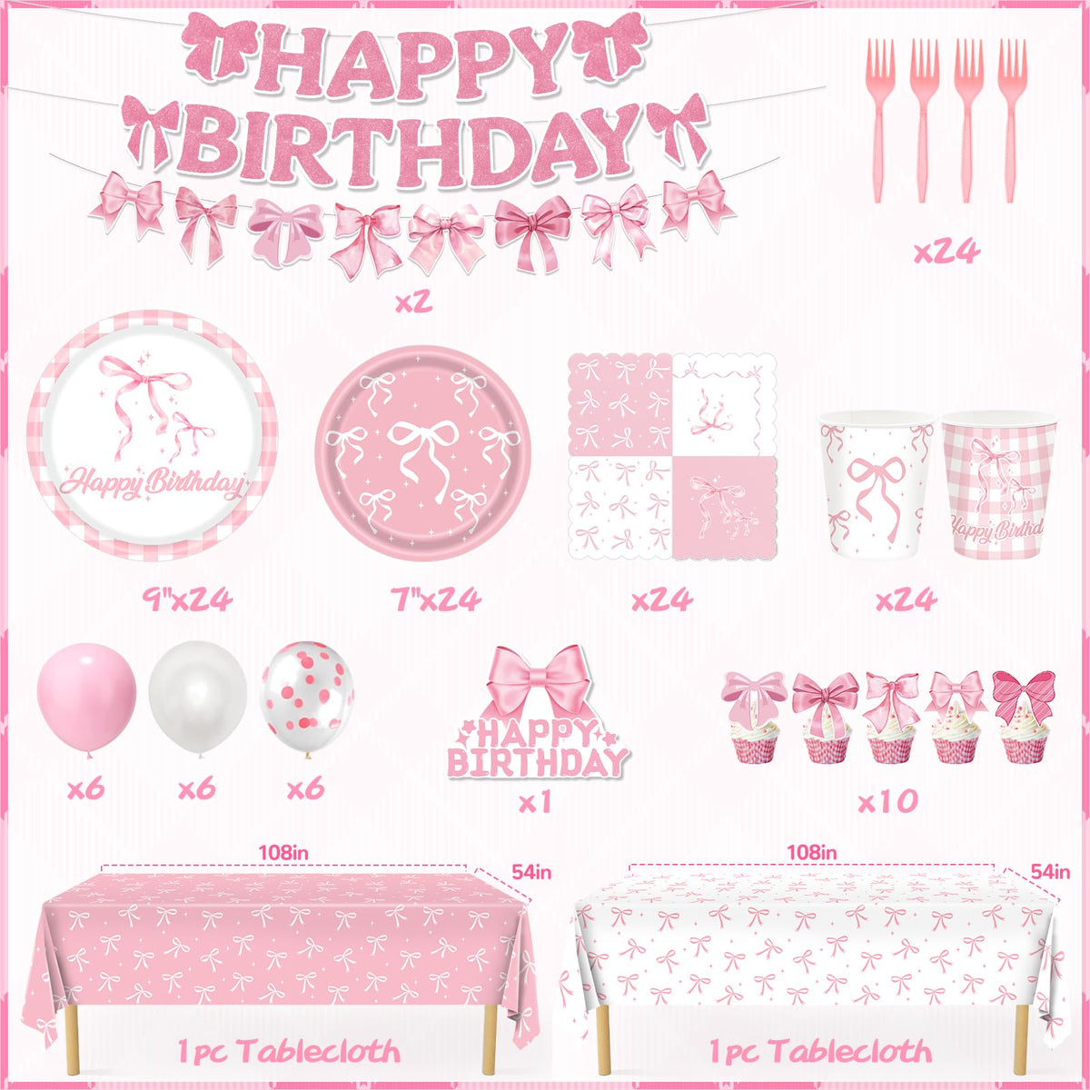 Redword Pink Bow Tablecloth ties the dessert table together for a cohesive look.