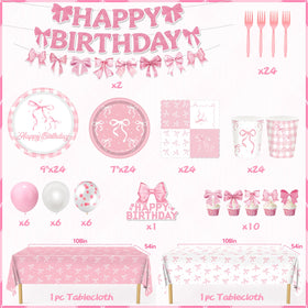Redword Pink Bow Tablecloth ties the dessert table together for a cohesive look.