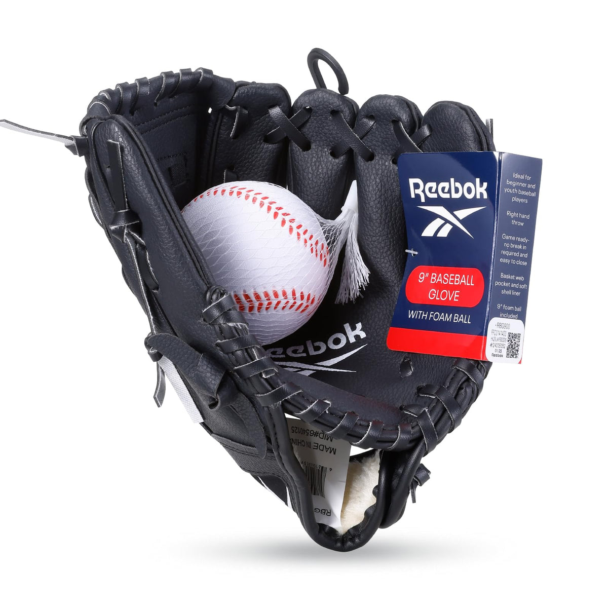 Reebok youth glove with wrist strap eases catching for beginners.