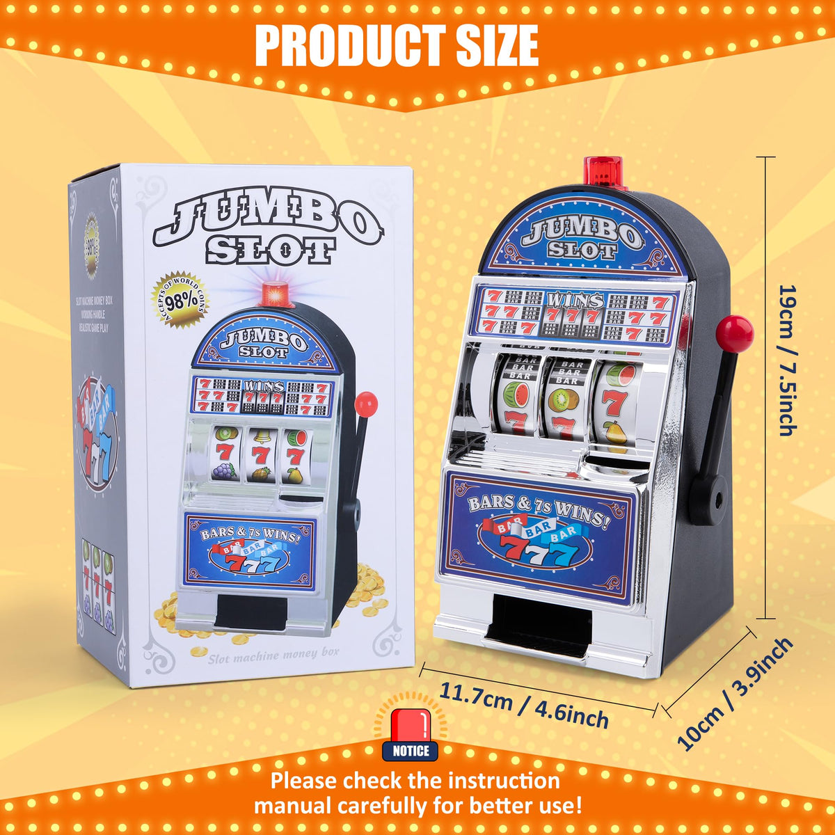 REFARICO Slot Machine Money Bank side view, adds playful decor while encouraging saving