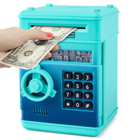 Refasy ATM piggy bank in blue-green with password protection for secure saving