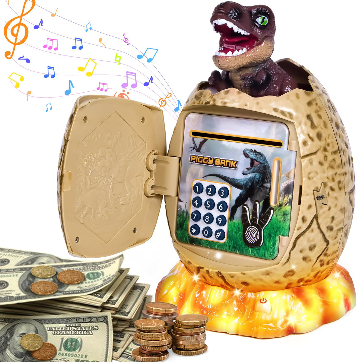 Refasy dinosaur piggy bank front view with password protection