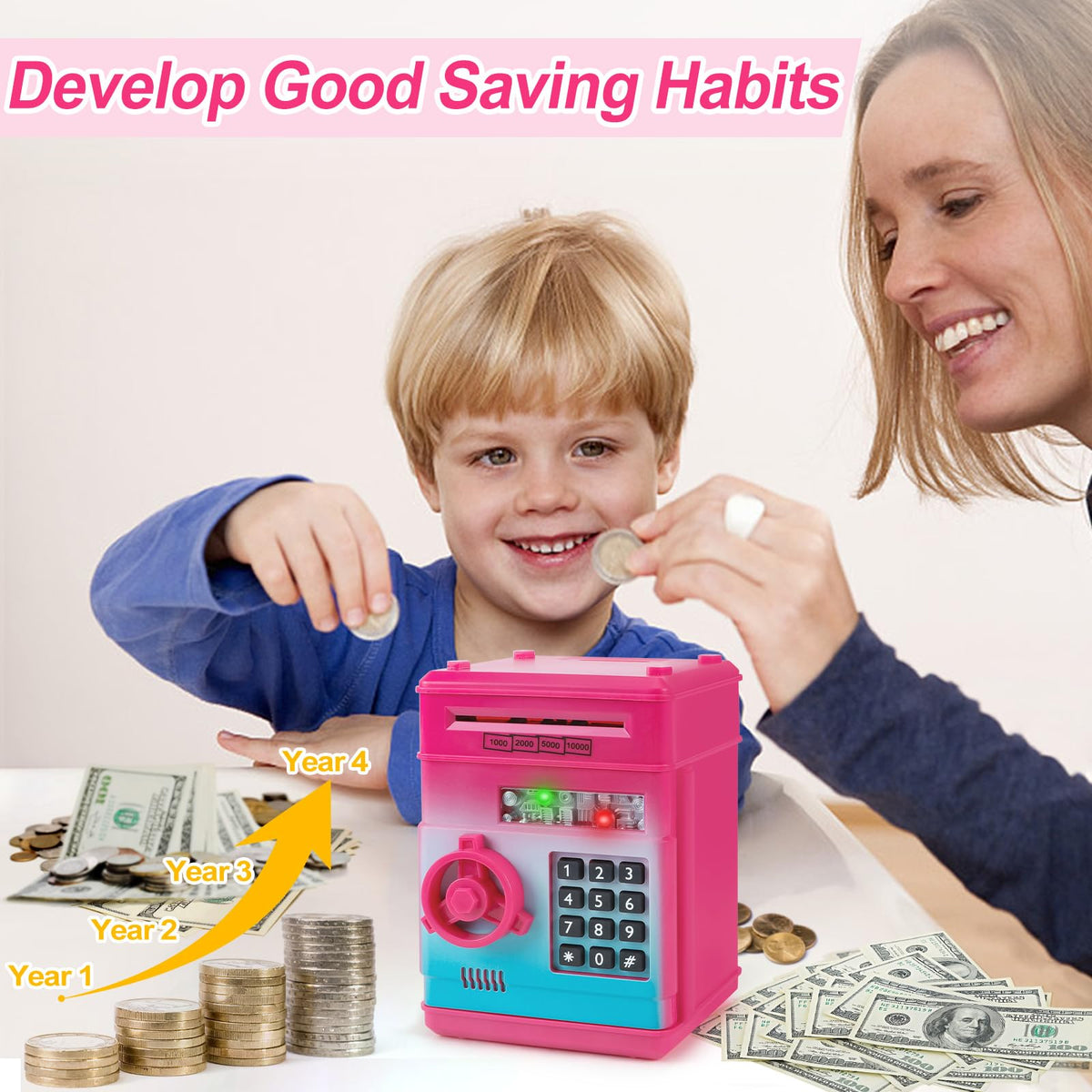 Refasy Rose Red piggy bank password panel, secure savings for kids.