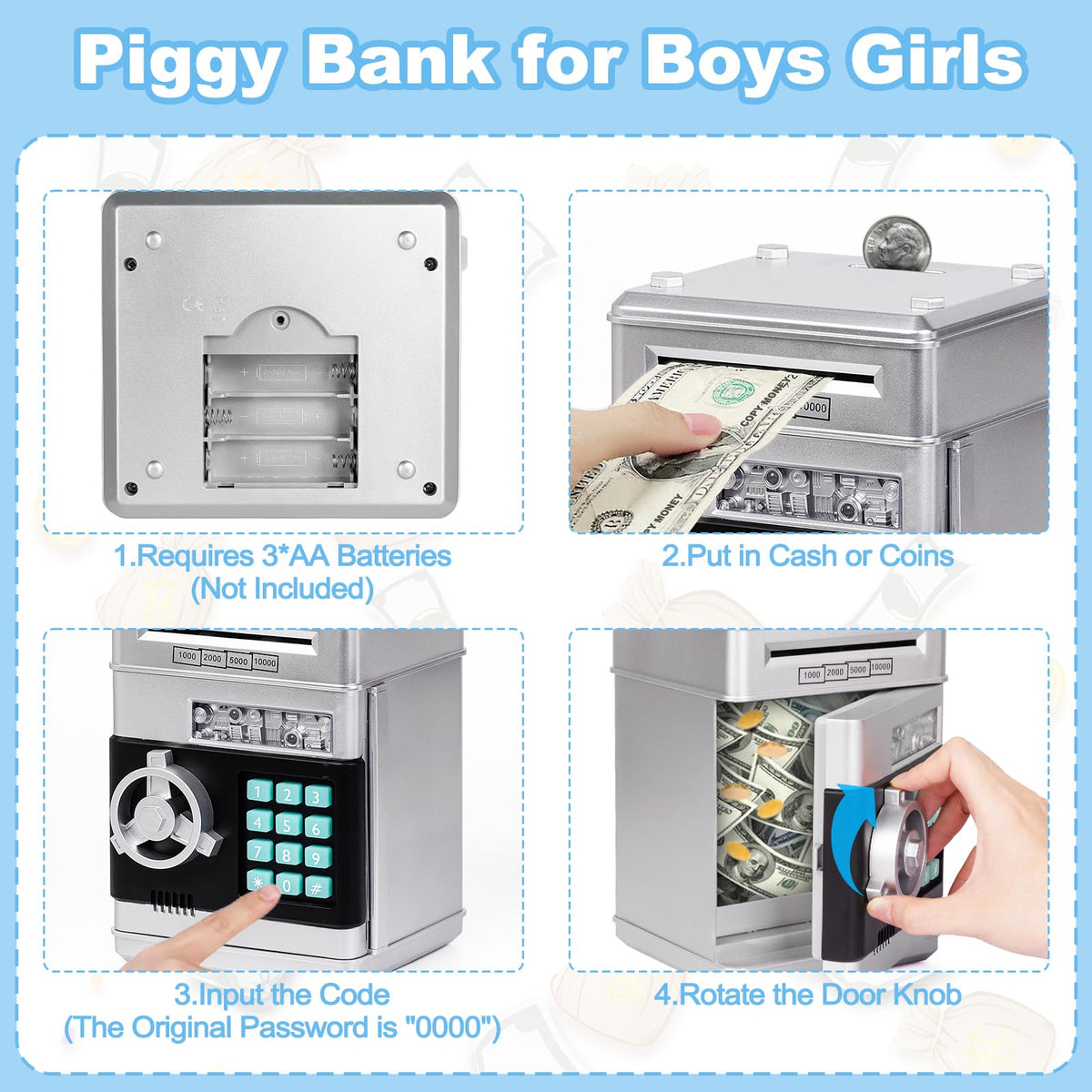 Refasy piggy bank automatic money scroll demonstrates effortless depositing for kids