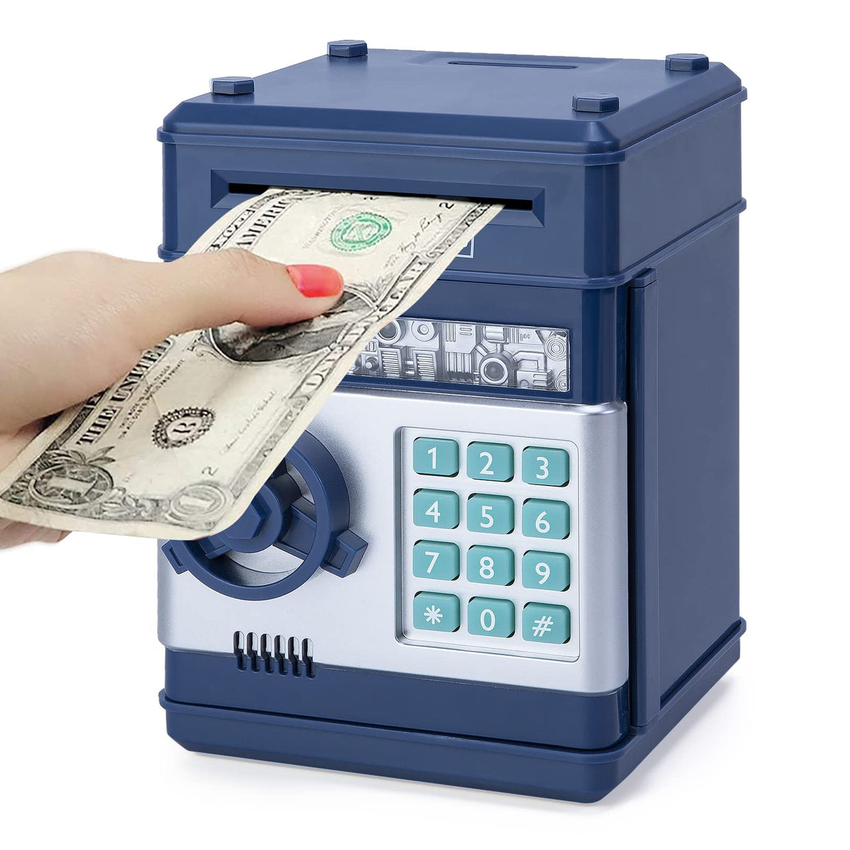 Refasy Piggy Bank navy front view with secure password protection for kids.