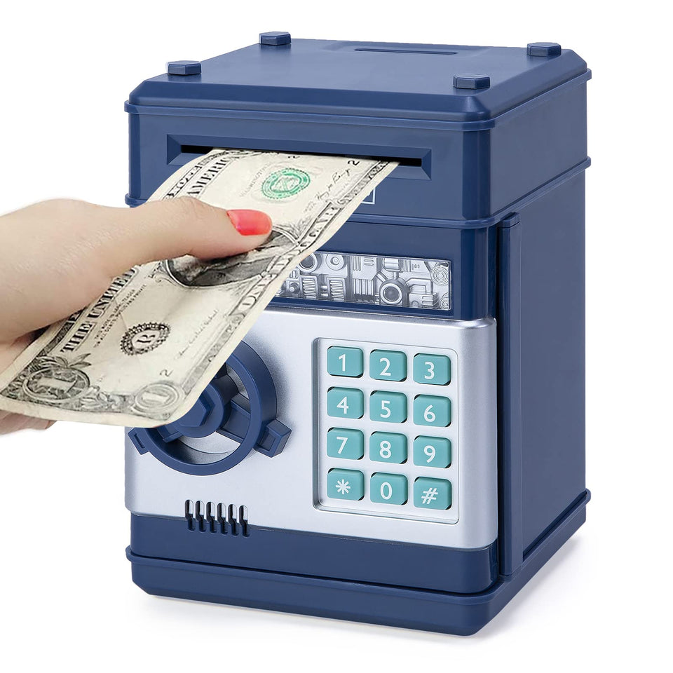 Refasy Piggy Bank navy front view with secure password protection for kids.