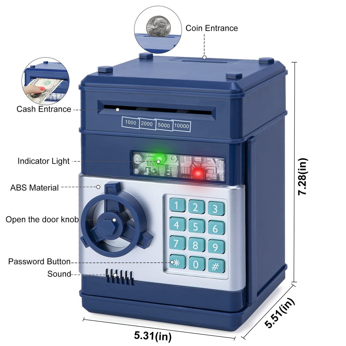 Refasy Piggy Bank coin capacity highlights space for coins to save.