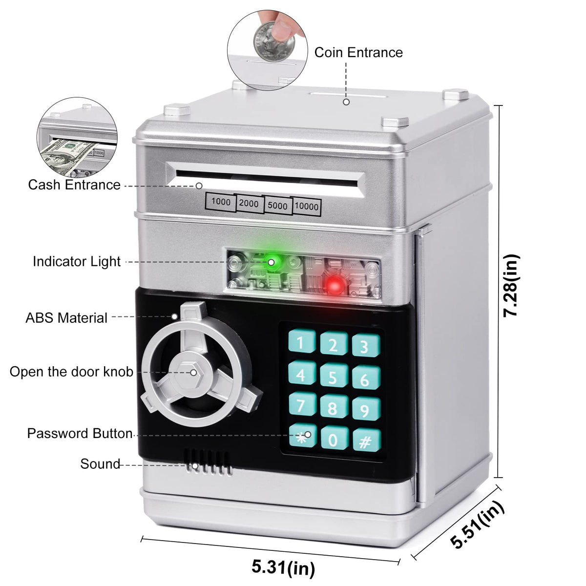 Refasy piggy bank coin and paper storage capacity demonstrates room for coins and notes