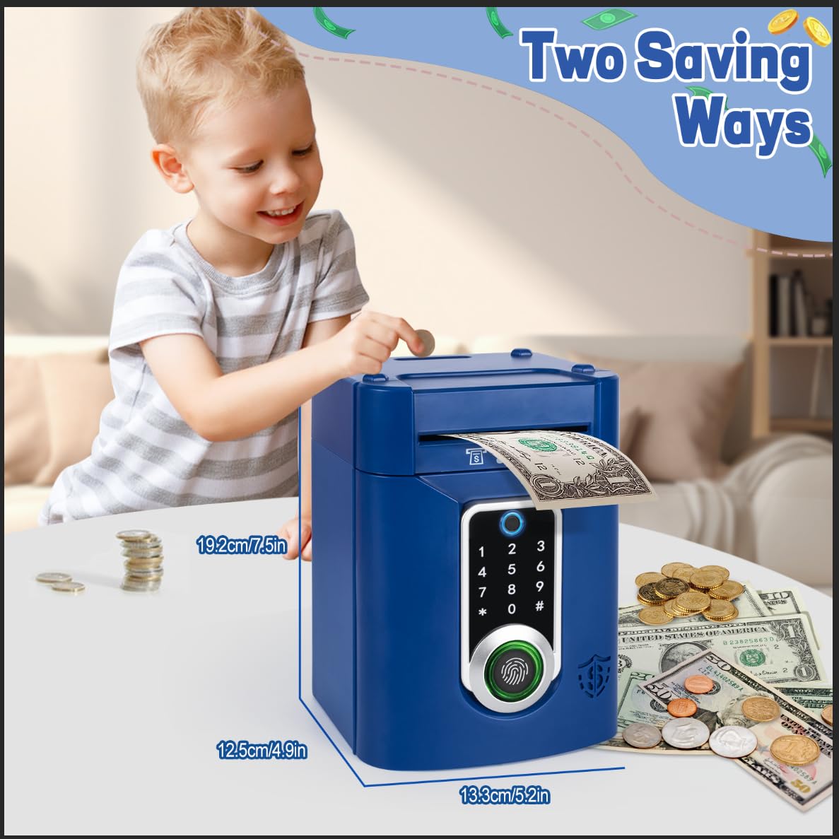 Refasy Piggy Bank blue digital panel displaying balance and withdrawals.