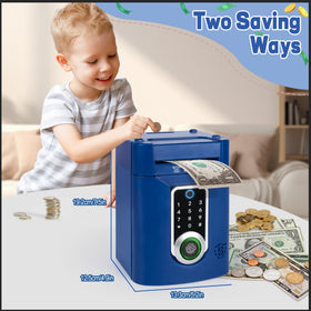 Refasy Piggy Bank blue digital panel displaying balance and withdrawals.