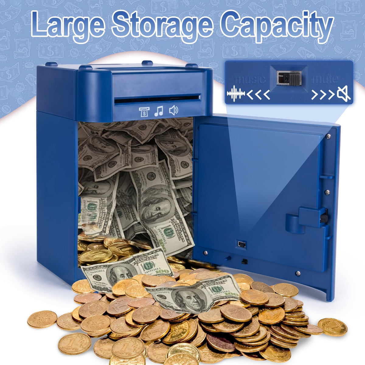 Refasy Piggy Bank blue fingerprint unlock area for kid-friendly access.