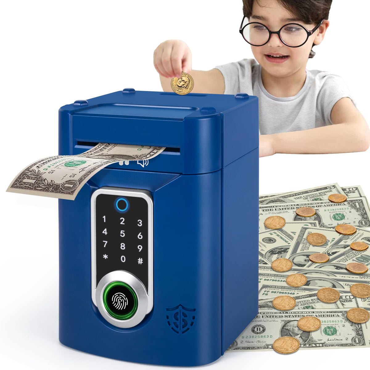 Refasy Piggy Bank for Kids with touchscreen blue front view showing secure password access.