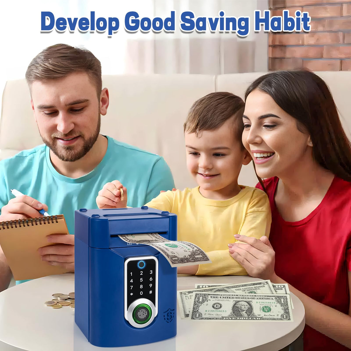Refasy Piggy Bank blue side view highlighting top and front deposit slots.