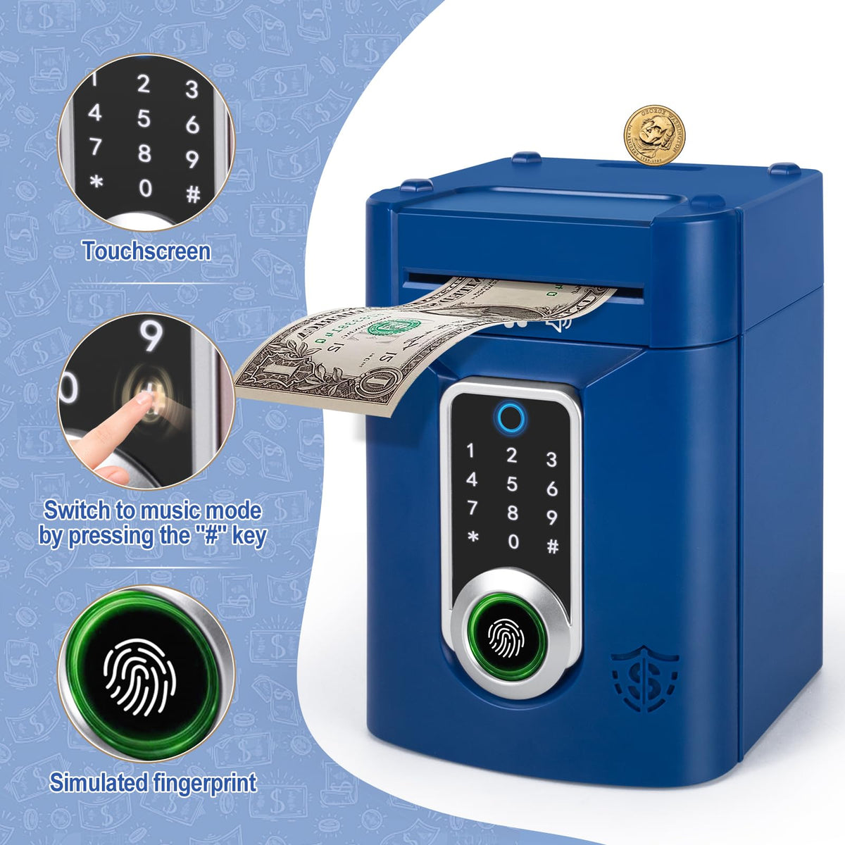 Refasy Piggy Bank blue top coin slot for easy deposits during playtime.