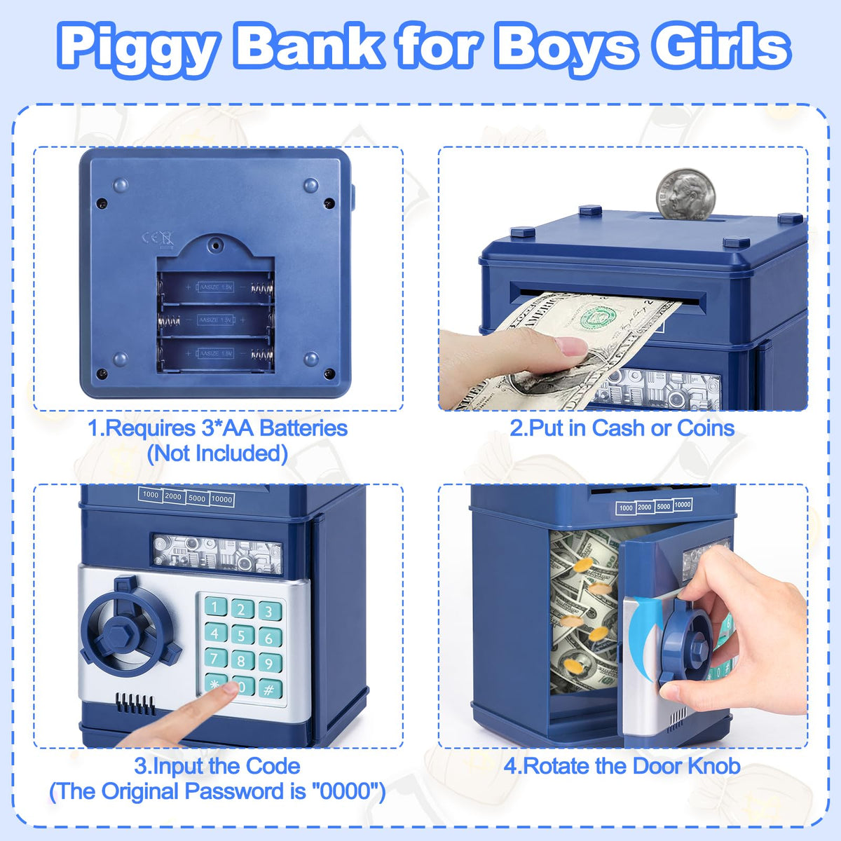Refasy Piggy Bank money scroll demonstrates easy paper money insertion.
