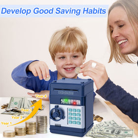 Refasy Piggy Bank password panel shows four-digit protection for kids.