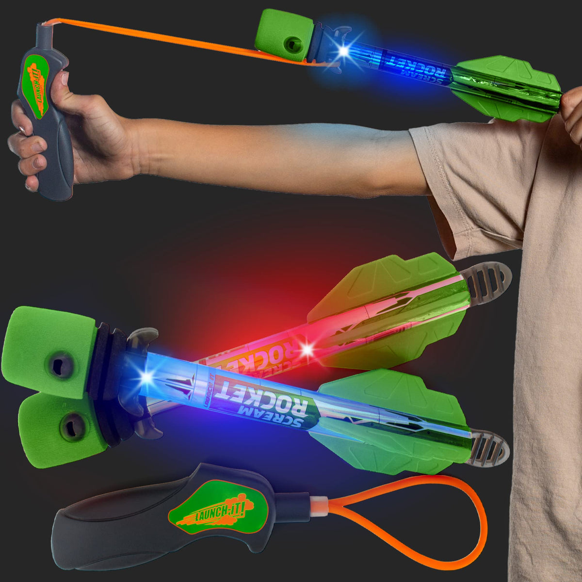Refresh Sports light-up foam rocket in flight for outdoor fun and safe play.