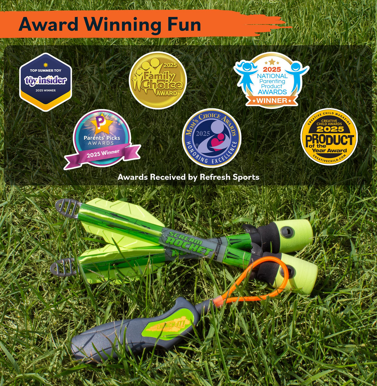 Refresh Sports handheld rocket launcher supports outdoor fun without screens.