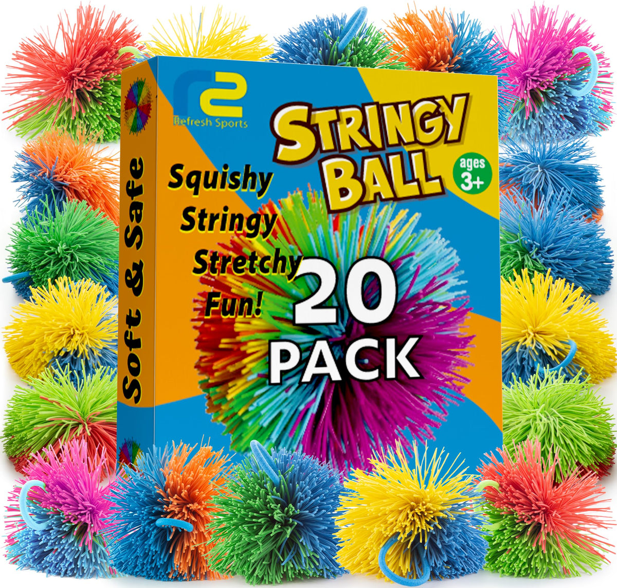 Refresh Sports stringy balls 20-pack for tactile play and sensory development.