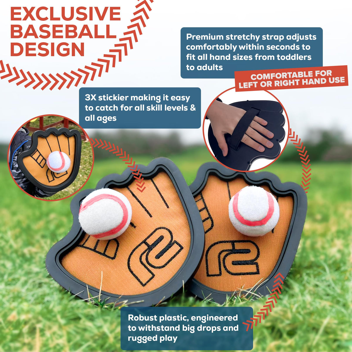 Refresh Sports Toss and Catch Set stretchy hand-strap adapts to all players.