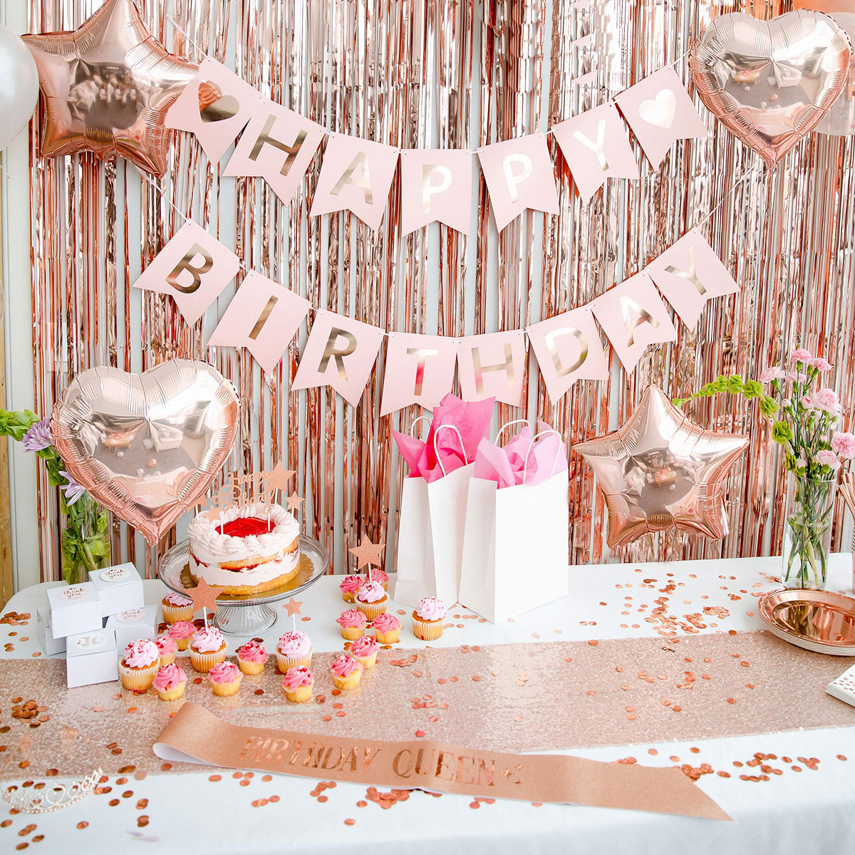 REGAL DECORATIONS pre-strung banner in rose gold enables quick, coordinated decor