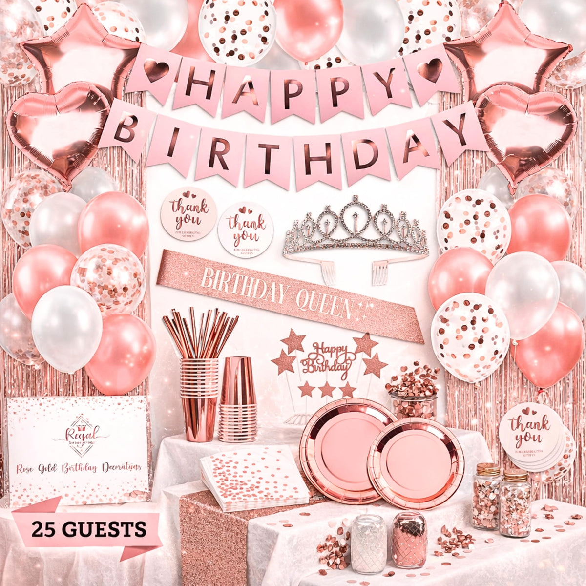 REGAL DECORATIONS 225-piece mega bundle box shows complete rose gold party decor for 25 guests