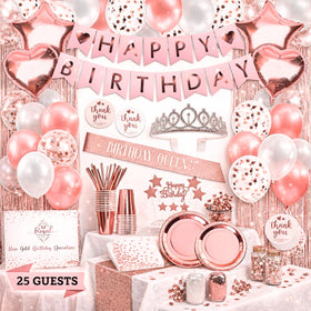REGAL DECORATIONS 225-piece mega bundle box shows complete rose gold party decor for 25 guests