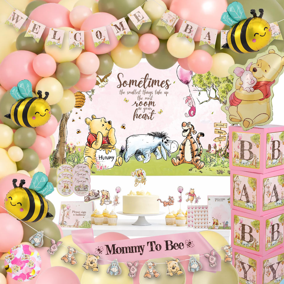 REGAL DECORATIONS Winnie backdrop banner adds pink Pooh charm to the baby shower.
