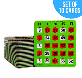 Regal Games green, 4-ply cardboard bingo cards are durable and reusable.