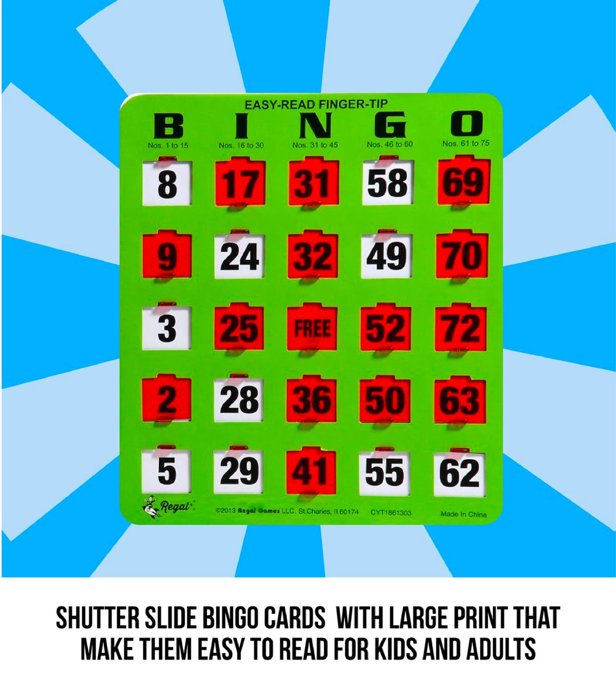 Regal Games 10-pack green bingo cards ideal for large gatherings.