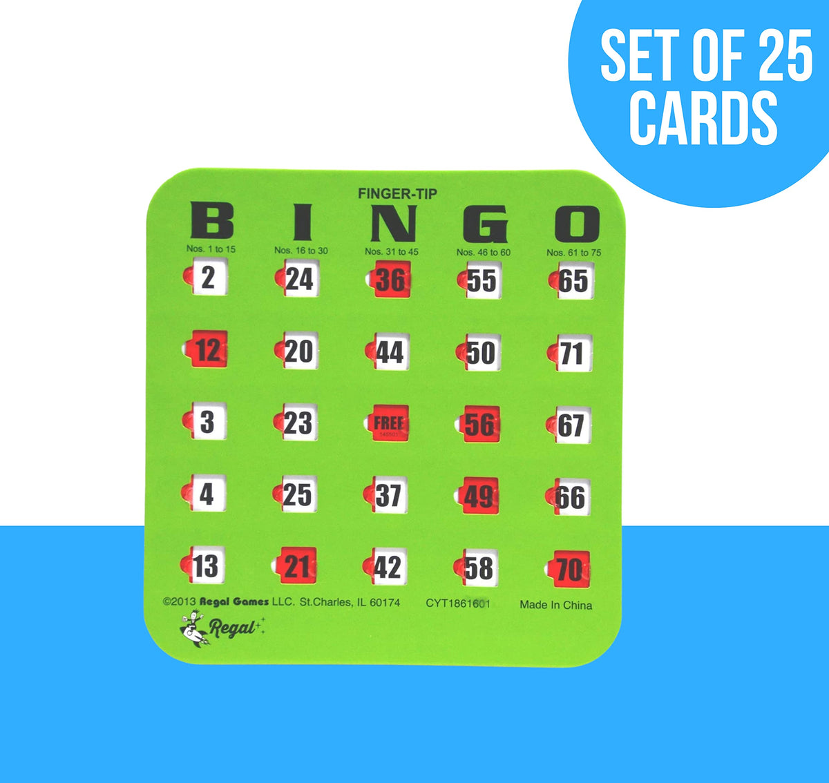 Regal Games green-colored bingo cards enhance visual contrast
