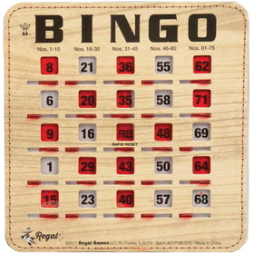 Regal Games bingo cards with sliding windows in woodgrain for group play