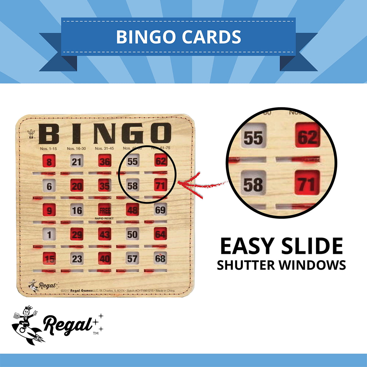 Regal Games woodgrain bingo cards with sliding windows for large events