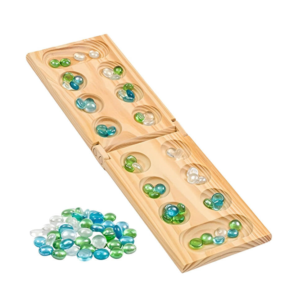 Regal Games Mancala board in foldable wooden design for easy storage and travel.