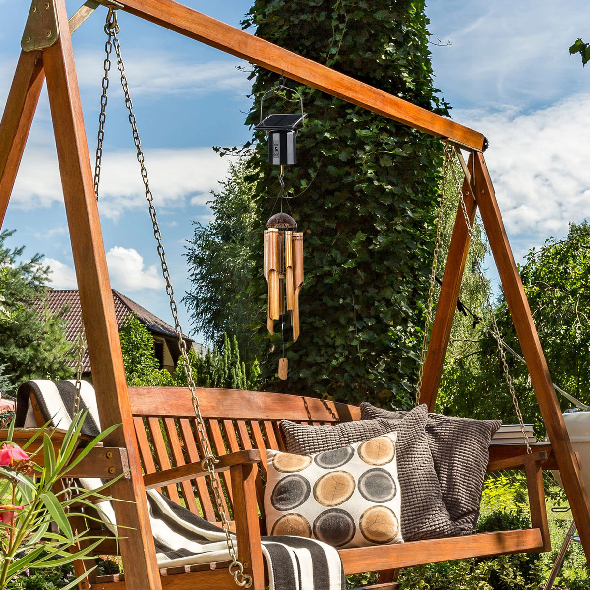 Reginary patio display with rotating ornaments adding dynamic charm