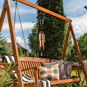 Reginary patio display with rotating ornaments adding dynamic charm