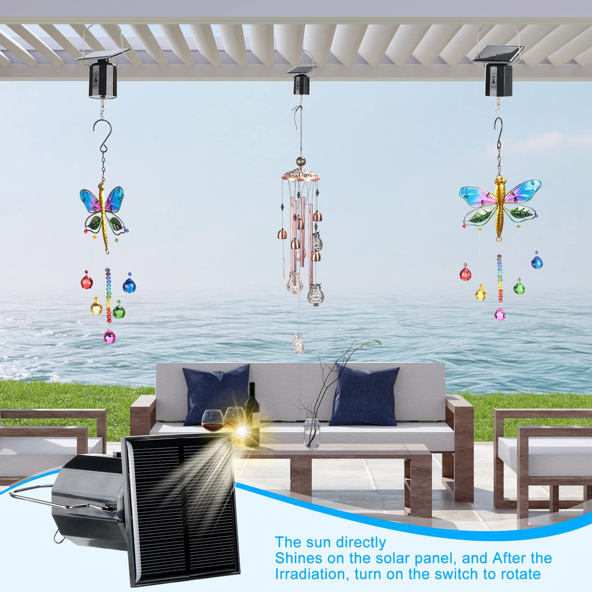 Reginary wind chime spinning in garden with motion and color