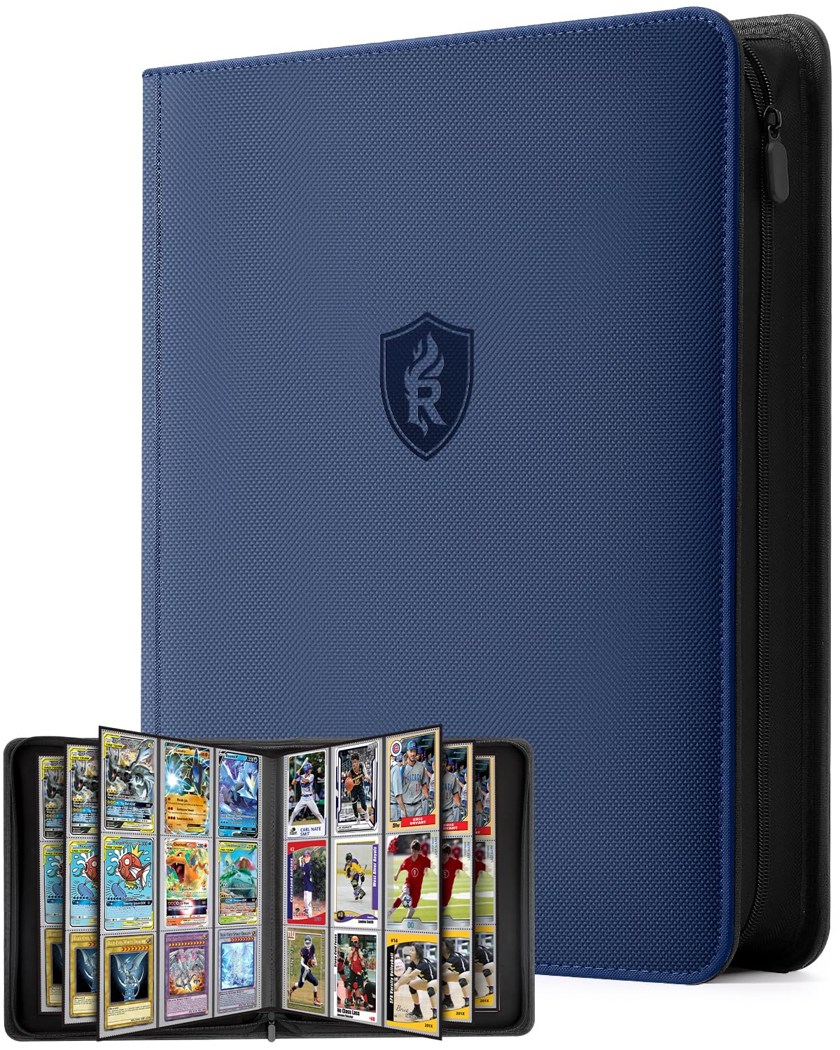 Relaehih 9-pocket top loader binder blue front view protects cards during travel.