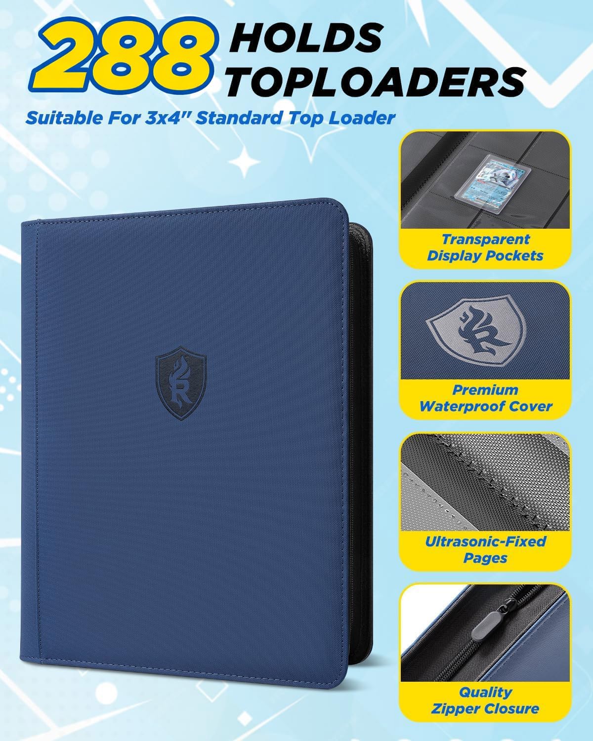 Relaehih blue zipper closeup highlighting 360-degree protection for cards.