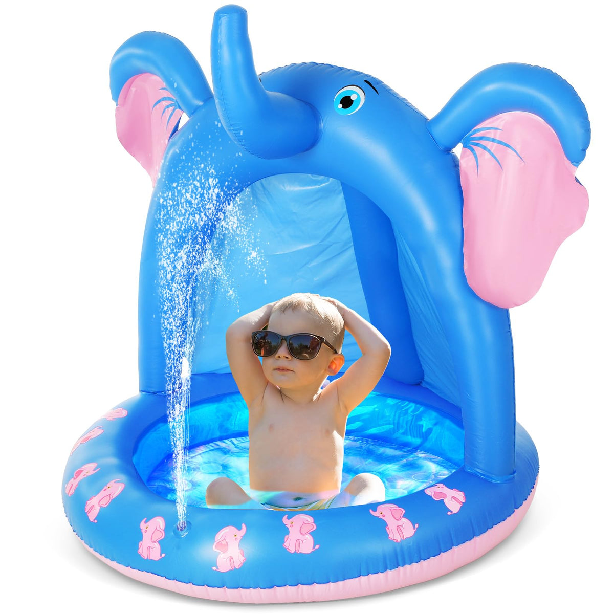 Relaxgiant elephant pool canopy front view shows shaded playful area for toddlers