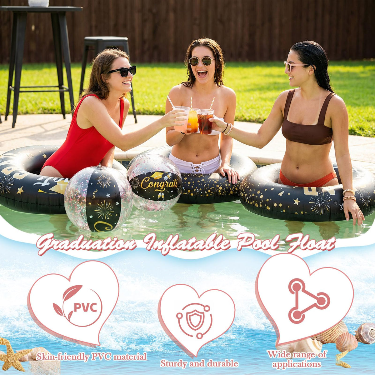 Relaxgiant graduation pool party setup with floats and balls for summer gatherings