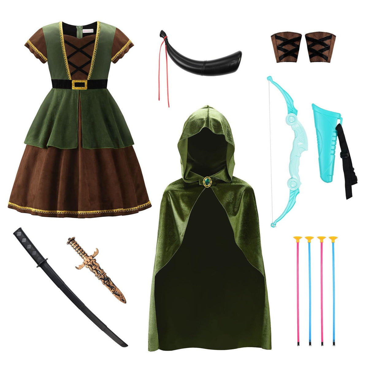 ReliBeauty archer costume wrist covers paired with a bow for a complete forest-ready look.